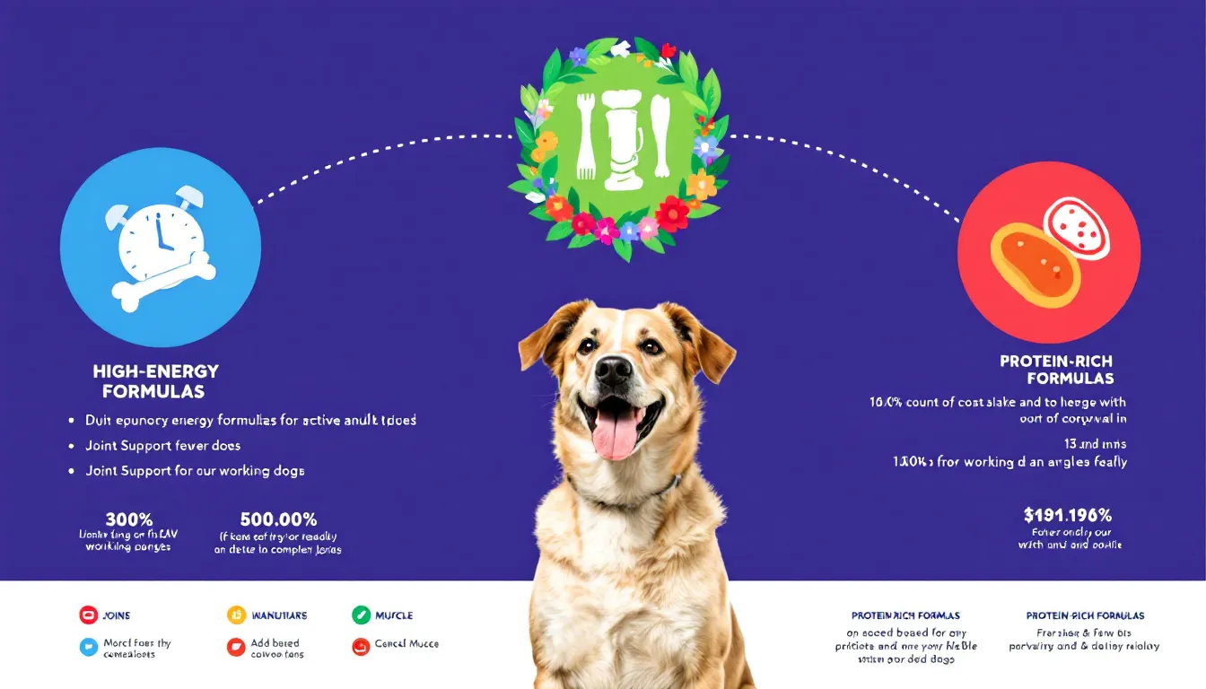 A selection of dog food options suitable for active adult dogs.