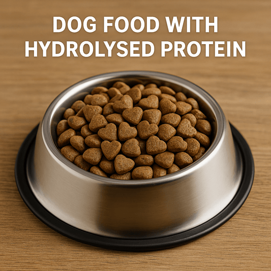 Stainless steel dog bowl filled with heart-shaped hydrolysed protein dog food kibble on a wooden surface, representing clinical dog food for digestive and allergy support.