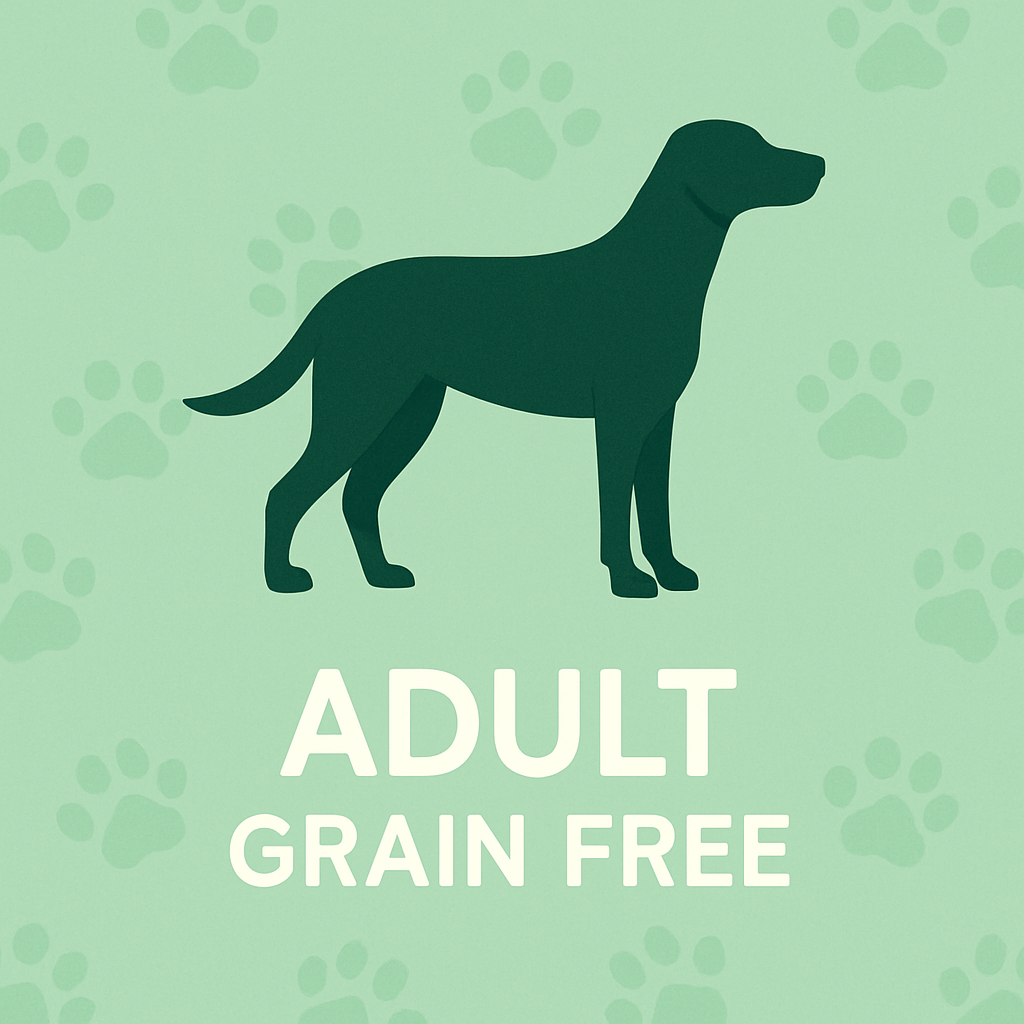 Minimalist illustration showing a dark green adult dog silhouette on a mint green background with soft paw prints and white text ‘Adult Grain Free.’ Symbolizes balanced nutrition for adult dogs