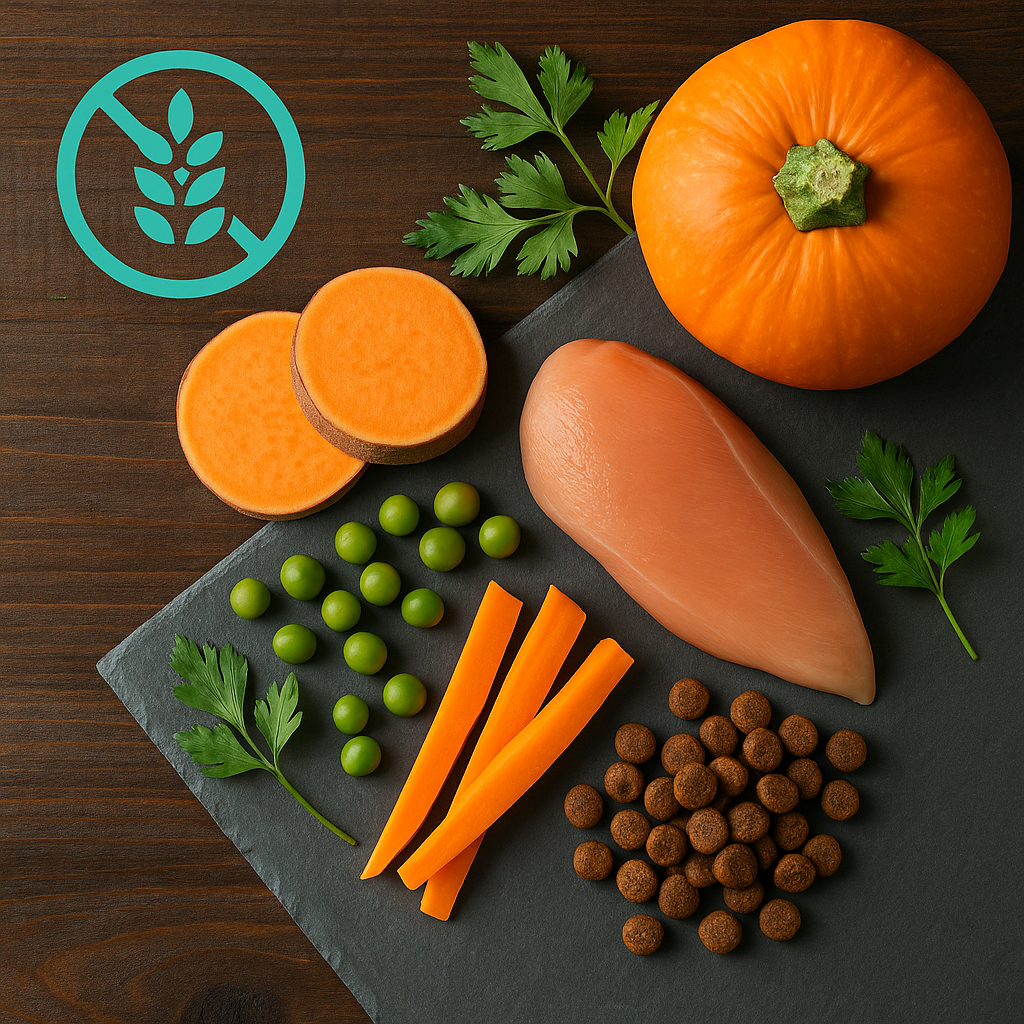 Grain-free dog food with sweet potato, peas, and natural ingredients