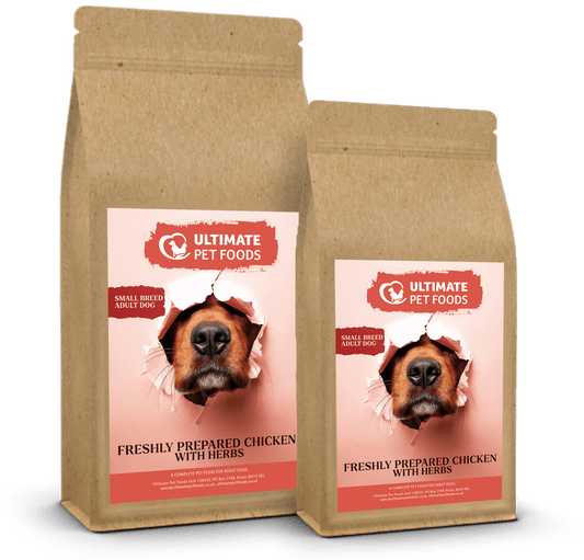 Our Grain Free Dog Food with Chicken for Small Breed Dogs in our Ultimate Pet Foods Packaging