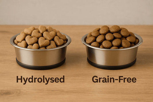 Side-by-side stainless steel dog bowls showing heart-shaped hydrolysed dog food kibble and round grain-free dog food kibble on a wooden surface, labelled for comparison.