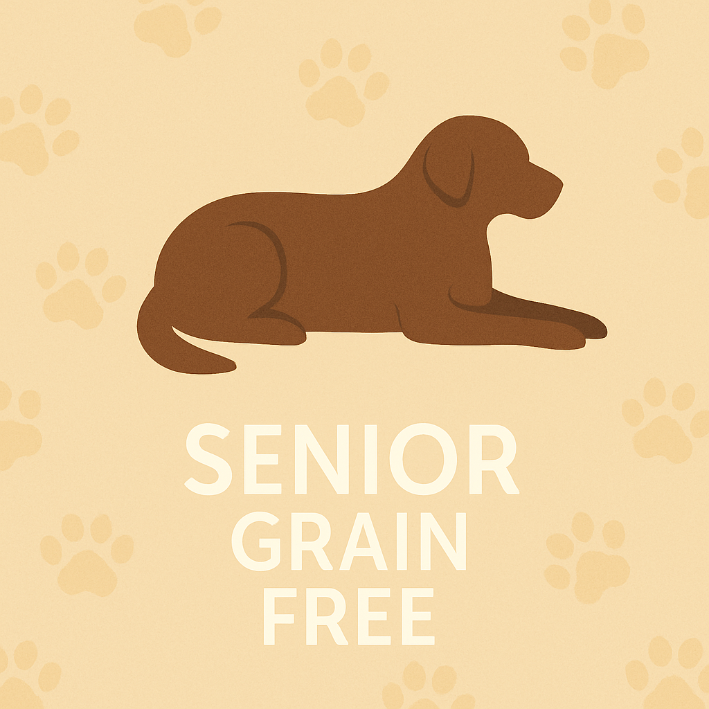 Calm brown silhouette of a resting senior dog on a warm beige background with soft paw prints and text ‘Senior Grain Free.’ Reflects gentle, easily digestible nutrition for older dogs